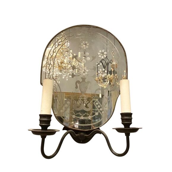 Antique French Etched Mirror Sconces 2 Arm Light - Picture 1 of 6